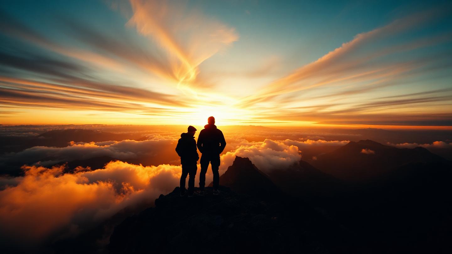 Two figures standing at a mountain peak at golden hour — a still from AUM: The Story of Sab and Sach