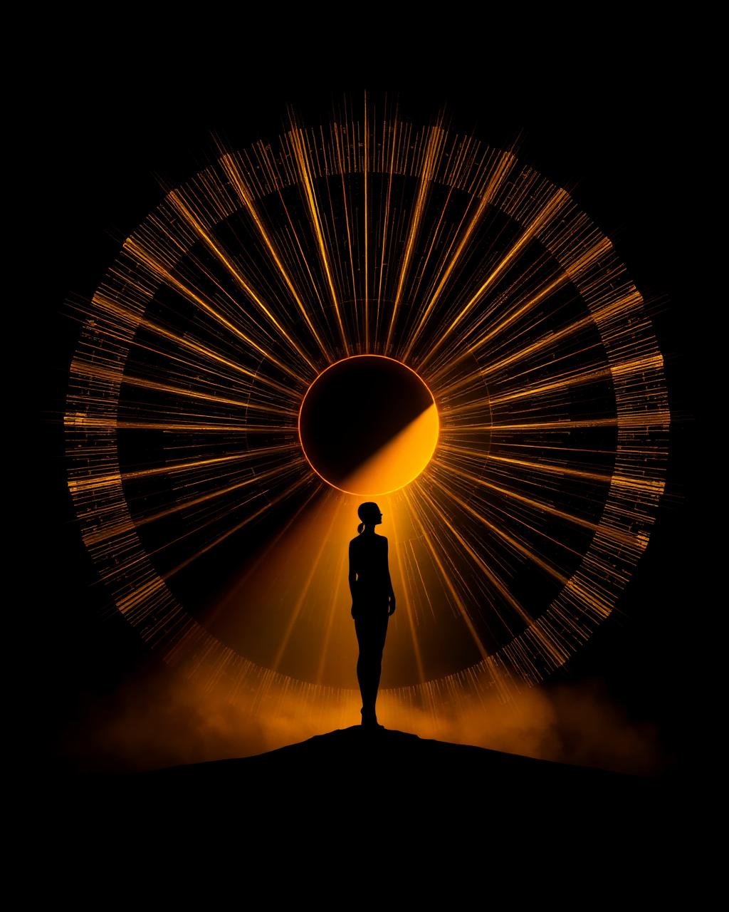 Album cover with a silhouette against golden rays for the album Desires and Dreams